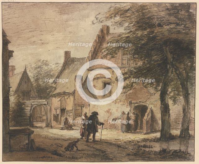 Farmstead with several figures, a dog in the foreground. Creator: Jan Hulswit.