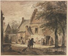 Farmstead with several figures, a dog in the foreground. Creator: Jan Hulswit