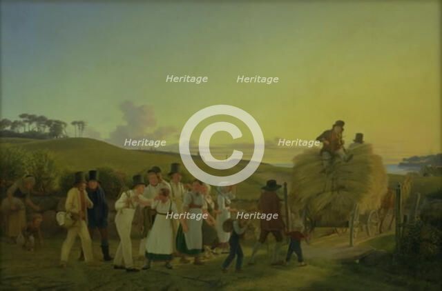 Farmworkers going home from the fields with the last load of grain, 1830-1882. Creator: Hans Jorgen Hammer.