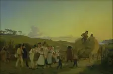 Farmworkers going home from the fields with the last load of grain, 1830-1882. Creator: Hans Jorgen Hammer
