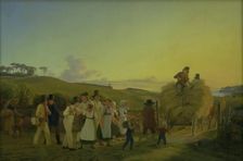 Farmworkers going home from the fields with the last load of grain, 1830-1882. Creator: Hans Jorgen Hammer