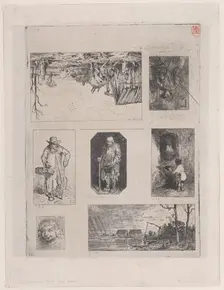 Farmyard Landscape (a), Seated Peasant (b), Beggar (c), Beggar (d), Little Beggar (e), Hea..., 1844. Creator: Charles Emile Jacque