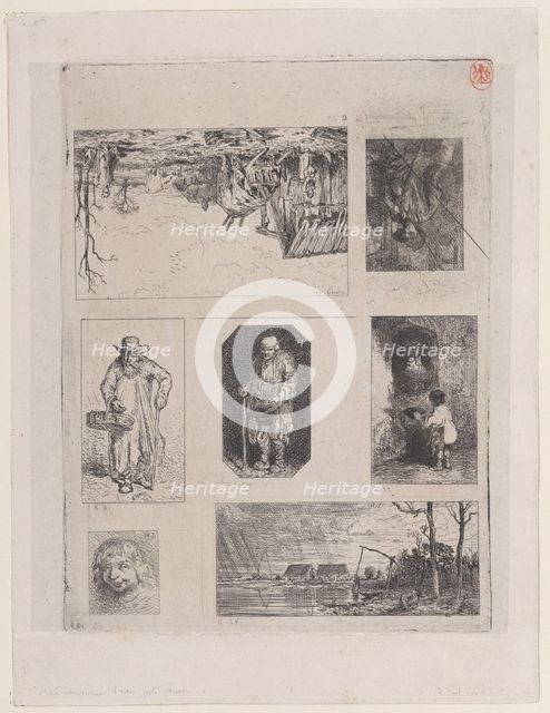 Farmyard Landscape (a), Seated Peasant (b), Beggar (c), Beggar (d), Little Beggar (e), Hea..., 1844. Creator: Charles Emile Jacque.