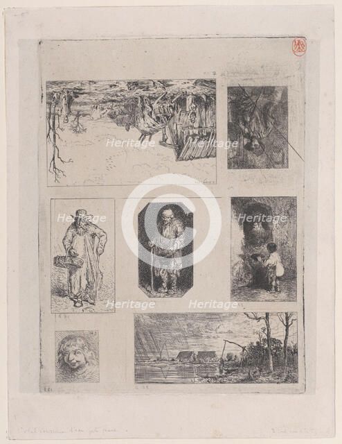 Farmyard Landscape (a), Seated Peasant (b), Beggar (c), Beggar (d), Little Beggar (e), Hea..., 1844. Creator: Charles Emile Jacque.