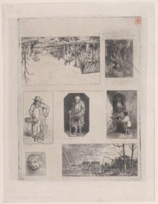 Farmyard Landscape (a), Seated Peasant (b), Beggar (c), Beggar (d), Little Beggar (e), Hea..., 1844. Creator: Charles Emile Jacque