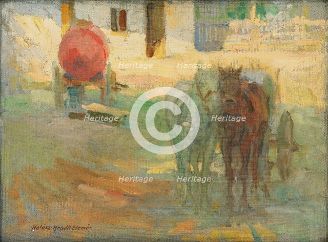 Farmyard with yoked horses, 1908. Creator: Elemír Halász-Hradil.