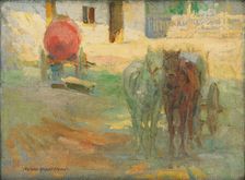 Farmyard with yoked horses, 1908. Creator: Elemír Halász-Hradil