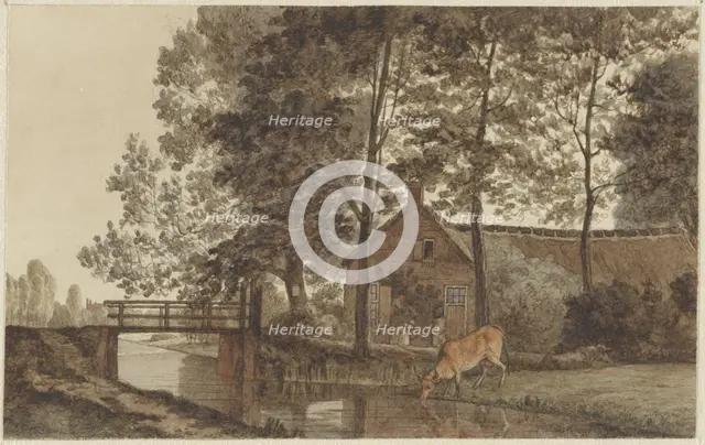 Farmyard with a cow drinking water on the Biltstraat in Utrecht, 1856-1858. Creator: Hendrik Abraham Klinkhamer.