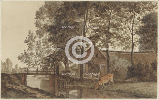 Farmyard with a cow drinking water on the Biltstraat in Utrecht, 1856-1858. Creator: Hendrik Abraham Klinkhamer.