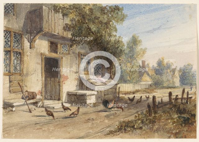 Farmyard with chickens on a country road, 1851. Creator: Newton Smith Limbird Fielding.