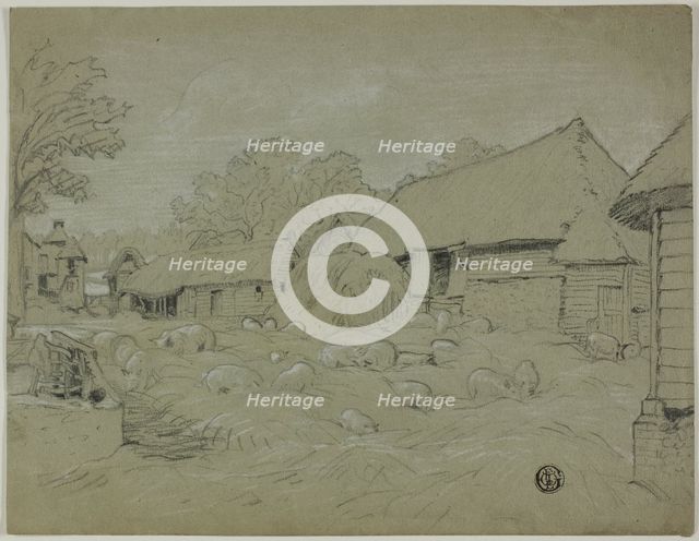 Farmyard with Haystack and Pigs, n.d. Creator: Unknown.