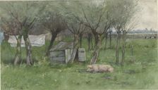 Farmyard with lying pig, 1882. Creator: Nicolaas Bastert