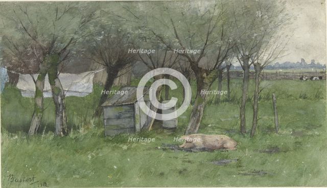 Farmyard with lying pig, 1882. Creator: Nicolaas Bastert.