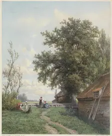 Farmyard with some figures, a shed and large tree on the right, 1839-1904. Creator: Hendrik Dirk Kruseman van Elten