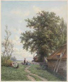 Farmyard with some figures, a shed and large tree on the right, 1839-1904. Creator: Hendrik Dirk Kruseman van Elten