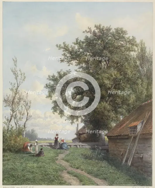 Farmyard with some figures, a shed and large tree on the right, 1839-1904. Creator: Hendrik Dirk Kruseman van Elten.