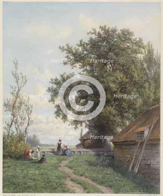 Farmyard with some figures, a shed and large tree on the right, 1839-1904. Creator: Hendrik Dirk Kruseman van Elten.