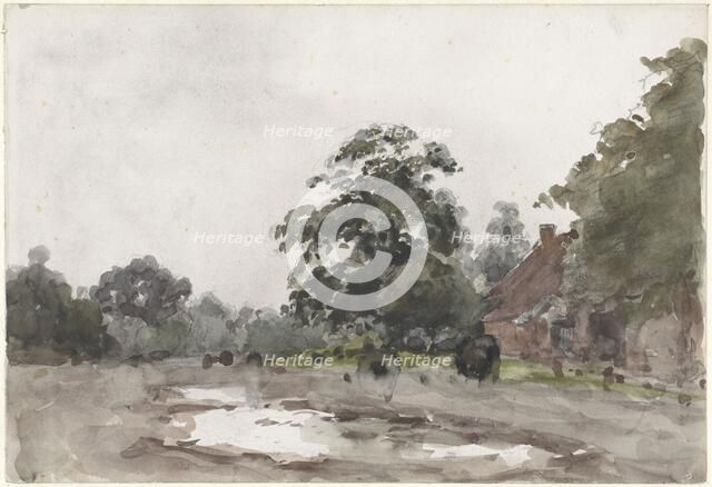 Farmyard under tall trees with water in the foreground, 1845-1925. Creator: Julius Jacobus van de Sande Bakhuyzen.