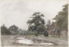 Farmyard under tall trees with water in the foreground, 1845-1925. Creator: Julius Jacobus van de Sande Bakhuyzen