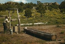 Faro Caudill drawing water from his well, Pie Town, New Mexico, 1940. Creator: Russell Lee