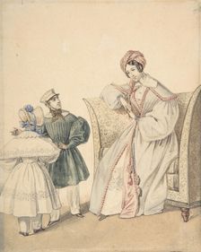 Fashion Drawing with a Woman Seated in a Chair with a Boy and Girl, 19th century. Creator: Numa Bassaget