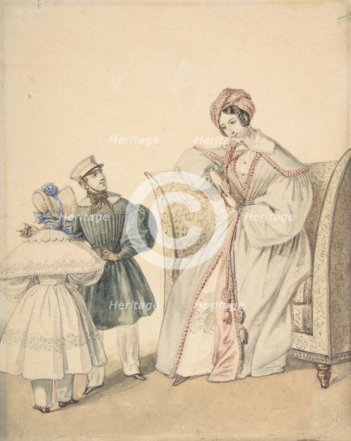 Fashion Drawing with a Woman Seated in a Chair with a Boy and Girl, 19th century. Creator: Numa Bassaget.