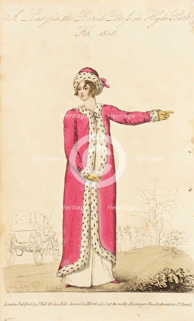 Fashion Plate (A Lady in the Parade Dress in Hyde Park), 1808. Creator: John Bell.
