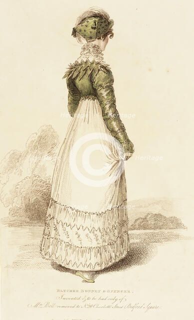 Fashion Plate (Blucher Bonnet & Spencer), 1814. Creator: John Bell.