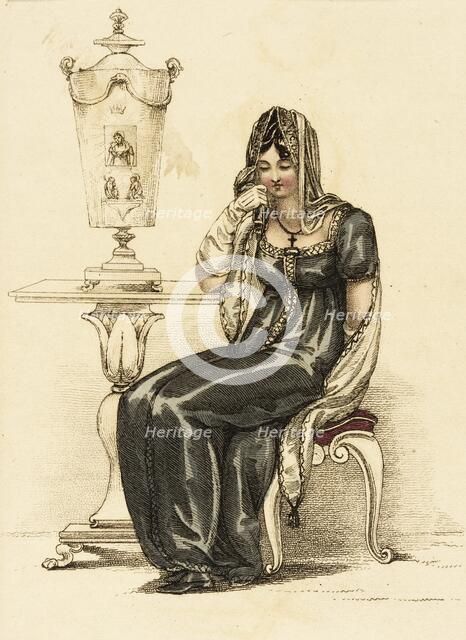 Fashion Plate (Evening Mourning Dress), 1810. Creator: Rudolph Ackermann.
