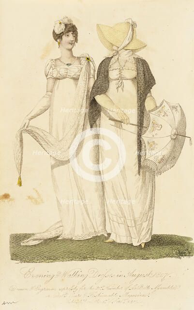 Fashion Plate (Evening & Walking Dresses in August 1807), 1807. Creator: John Bell.