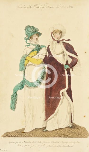 Fashion Plate (Fashionable Walking Dresses in Dec. 1807), 1808. Creator: John Bell.