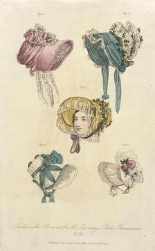 Fashion Plate (Fashionable Bonnets for the Carriage, Public Promenades), 1822. Creator: John Bell