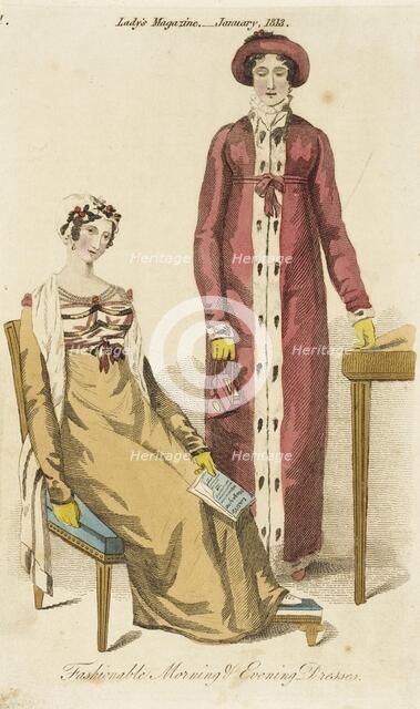 Fashion Plate (Fashionable Morning and Evening Dresses), 1 January 1813. Creator: Unknown.