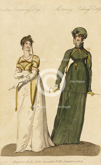 Fashion Plate (London Evening Dress - Morning Riding Dress), 1808. Creator: John Bell.