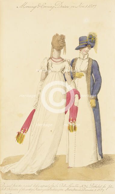 Fashion Plate (Morning & Evening Dresses in Nov. 1, 1807), 1807. Creator: John Bell.