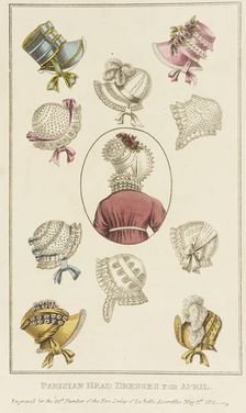 Fashion Plate (Parisian Head Dresses for April), 1812. Creator: John Bell