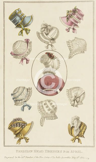 Fashion Plate (Parisian Head Dresses for April), 1812. Creator: John Bell.