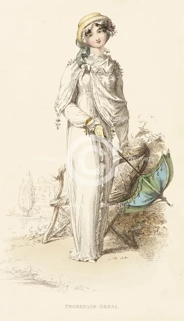 Fashion Plate (Promenade Dress), 1812. Creator: Rudolph Ackermann.