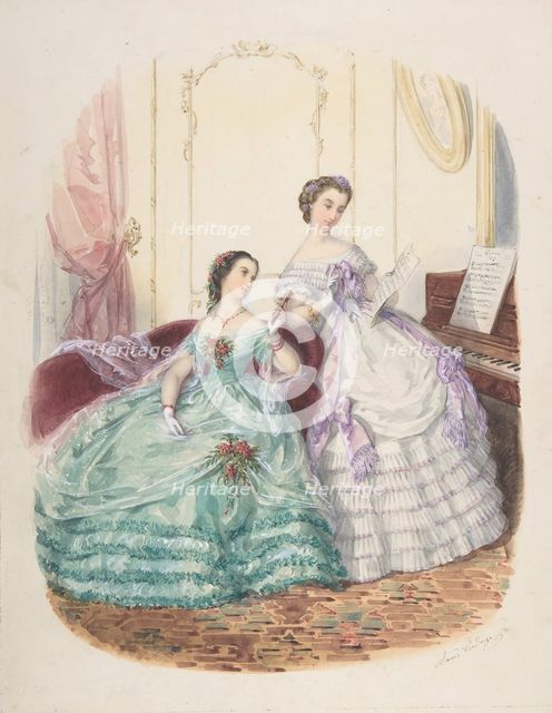 Fashion Study: Two Women in Evening Dress, ca. 1860. Creator: Adèle-Anaïs Colin.