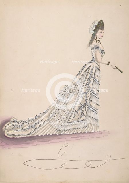Fashion Study: Woman in a White Floral Dress, 1875-1900. Creator: Anon.