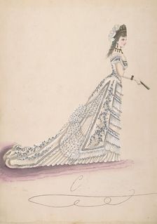 Fashion Study: Woman in a White Floral Dress, 1875-1900. Creator: Anon