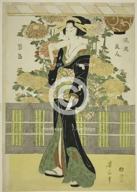Fashionable Beauties in a Chrysanthemum Garden (Furyu bijin kikubatake), Japan, c. 1810. Creator: Kikukawa Eizan.