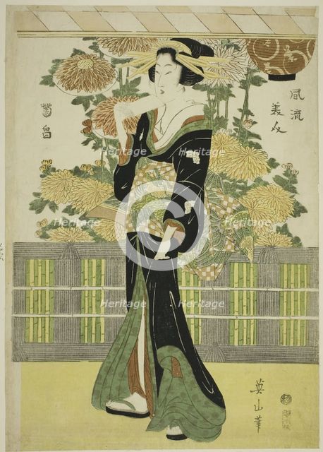 Fashionable Beauties in a Chrysanthemum Garden (Furyu bijin kikubatake), Japan, c. 1810. Creator: Kikukawa Eizan.