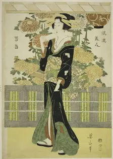 Fashionable Beauties in a Chrysanthemum Garden (Furyu bijin kikubatake), Japan, c. 1810. Creator: Kikukawa Eizan