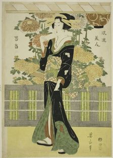 Fashionable Beauties in a Chrysanthemum Garden (Furyu bijin kikubatake), Japan, c. 1810. Creator: Kikukawa Eizan
