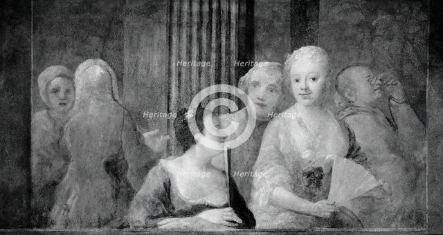 Fashionable Figures, with Two Women Holding Fans, 1733/35. Creator: Unknown.