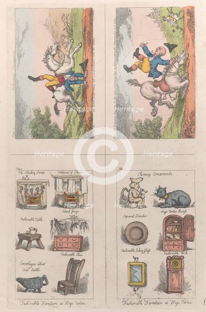 Fashionable Furniture at Hogs Norton; Mathematical Horsemanship, 1809., 1809. Creators: Thomas Rowlandson, George Moutard Woodward.