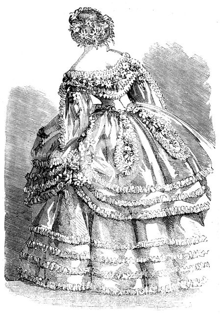 Fashions for November - Robe of White Crape over a slip of White Satin, 1858. Creator: Unknown.