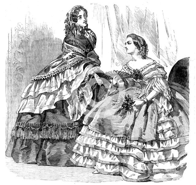 Fashions for August - Promenade or Carriage Costume, and Ball Dress, 1858. Creator: Unknown.