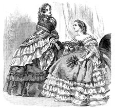 Fashions for August - Promenade or Carriage Costume, and Ball Dress, 1858. Creator: Unknown